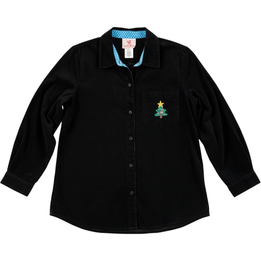 Quacker Factory Corduroy Shirt Women Medium Black Christmas Tree Beaded Holiday